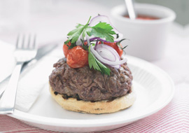 Inverted Cashel Blue Burger with Roasted Tomatoes and Red Onion Salad - Cashel Blue