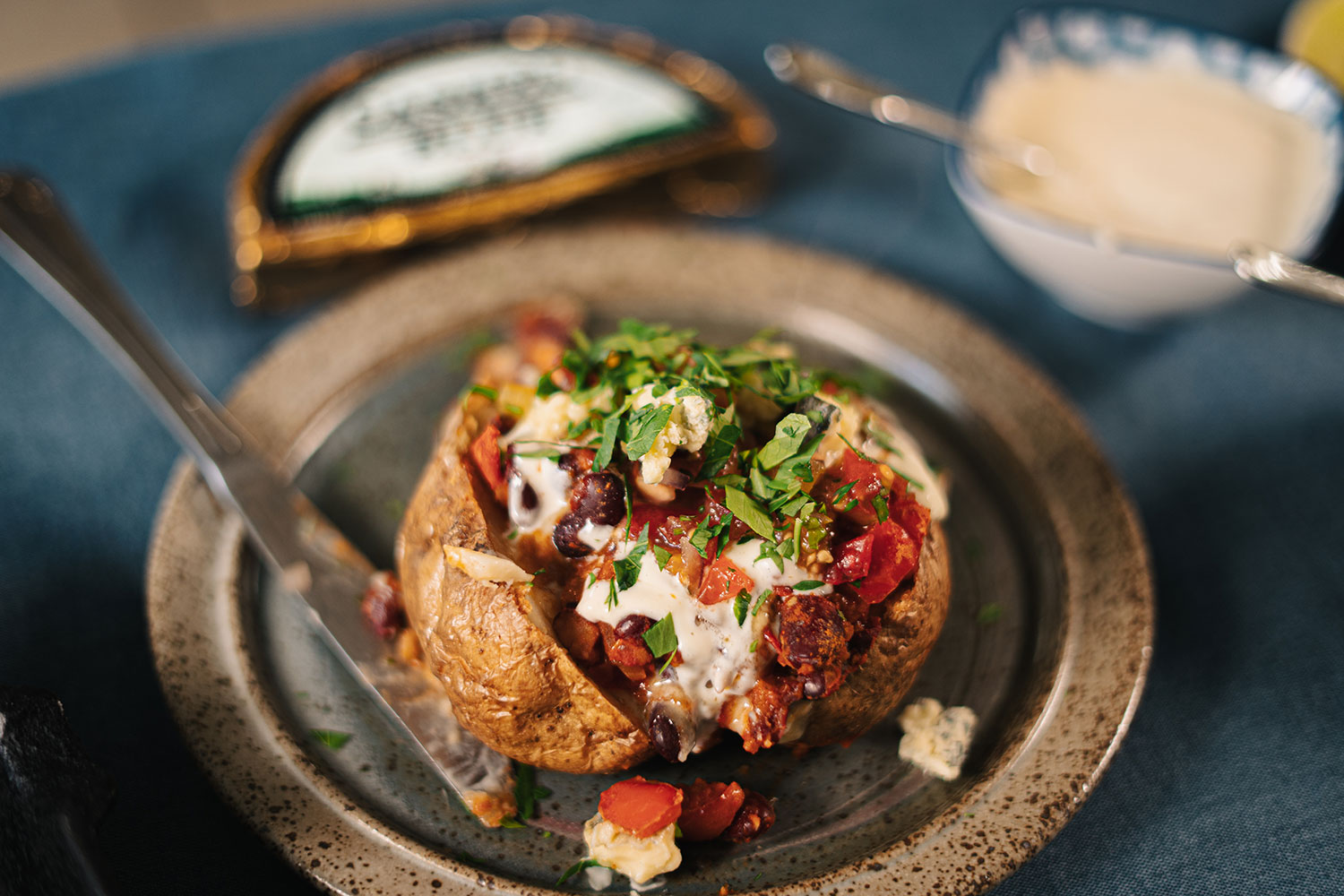 Mexican Style Baked Potato with Cashel Blue, Beans and Salsa - Cashel Blue