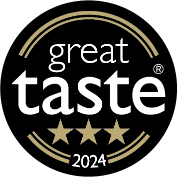 A circular black seal for Great Taste 2024 featuring three gold stars and the year 2024 at the bottom
